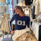 Çizgili Mavi İnce Yuvarlak Yaka Uzun Kollu Tİşört Zalle